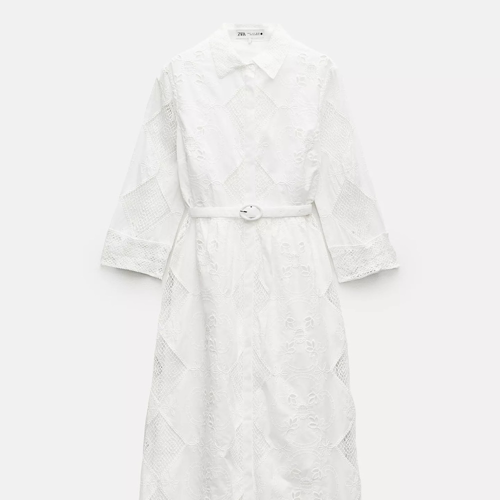 Zara White Embroidered Button-Up Dress with round belt NWT!